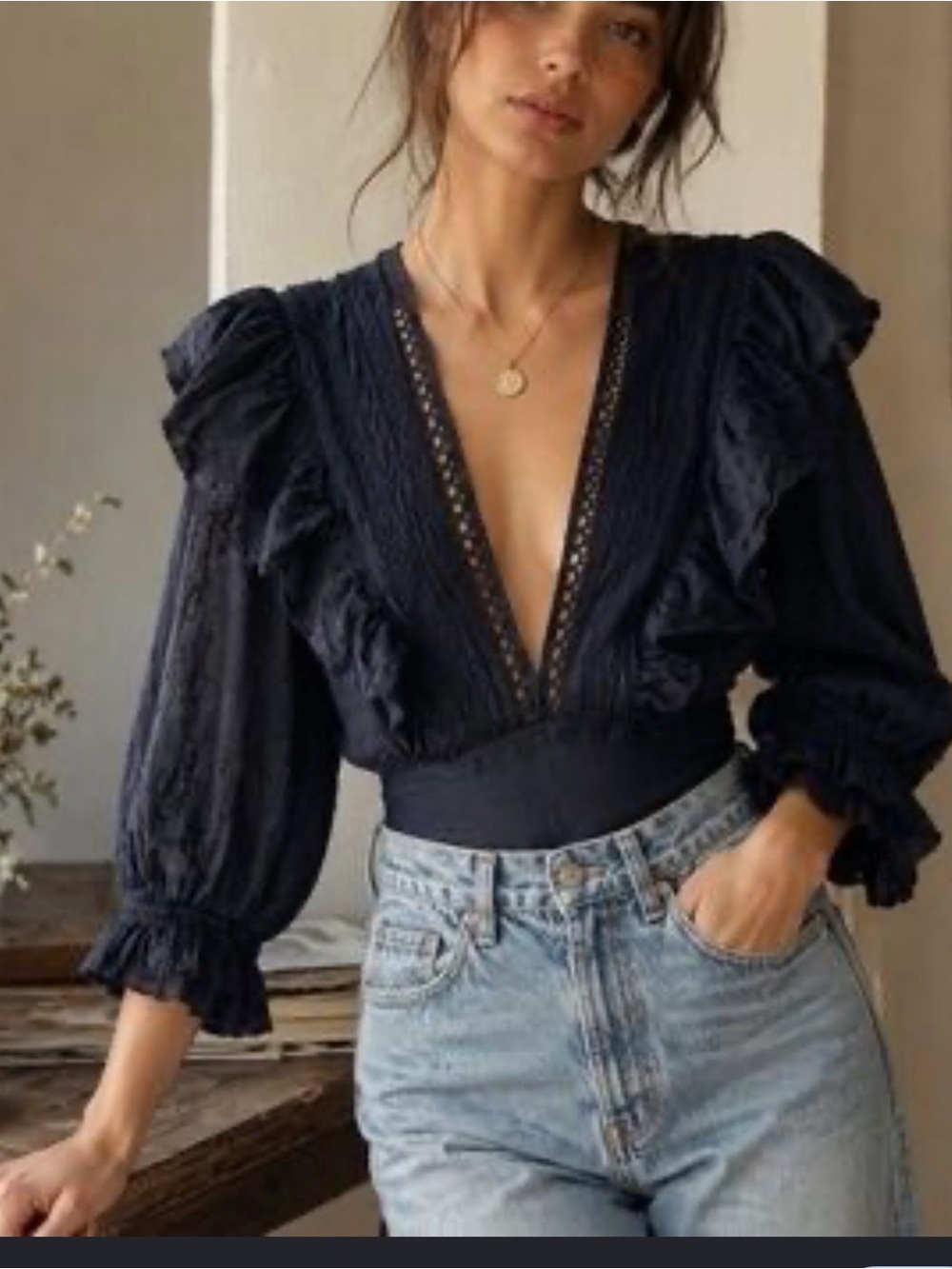 FARM Rio black Deep V Ruffled Lace-Inset Bodysuit